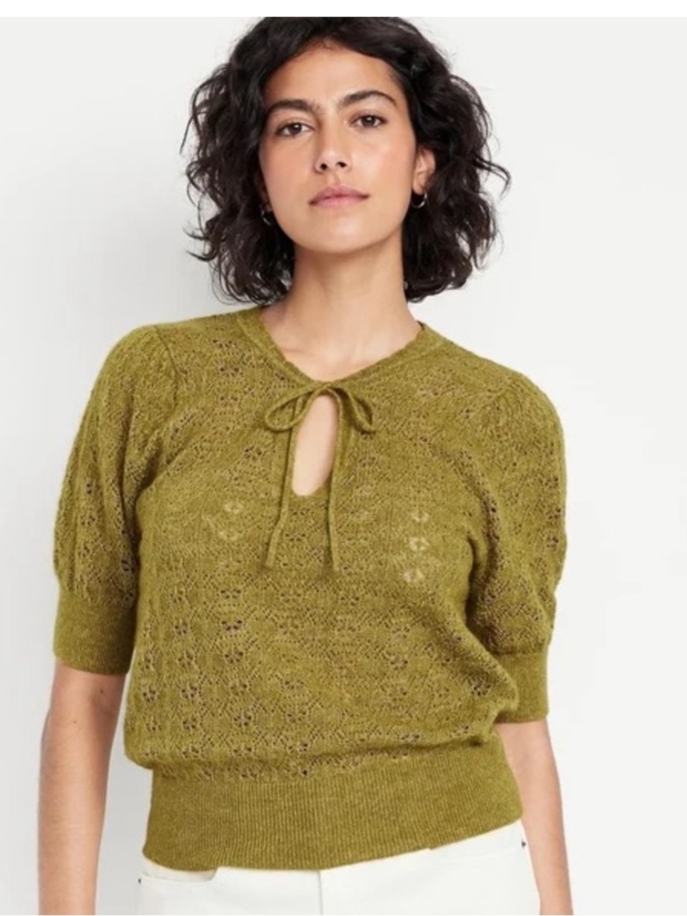 Old Navy olive green Tie-Front Short Sleeve Sweater Top wool